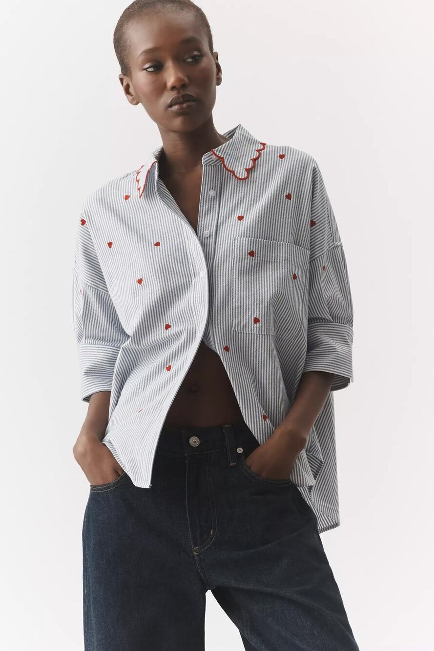 nwt ANTHROPOLOGIE MAEVE sz M Mabel Boxy Hearts Embroidered Oxford Button Down